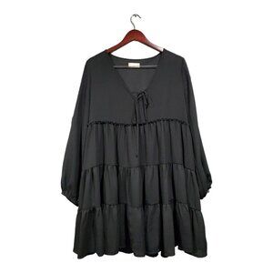 Altar'd State Women's Black Long-Sleeve Tiered Babydoll Dress Peasant Boho Sz L
